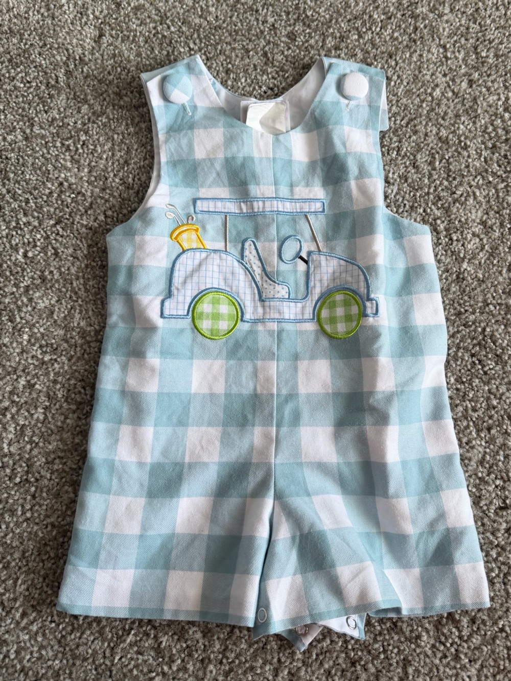 Classic Blue Gingham Kids One-Piece Romper with Car Applique